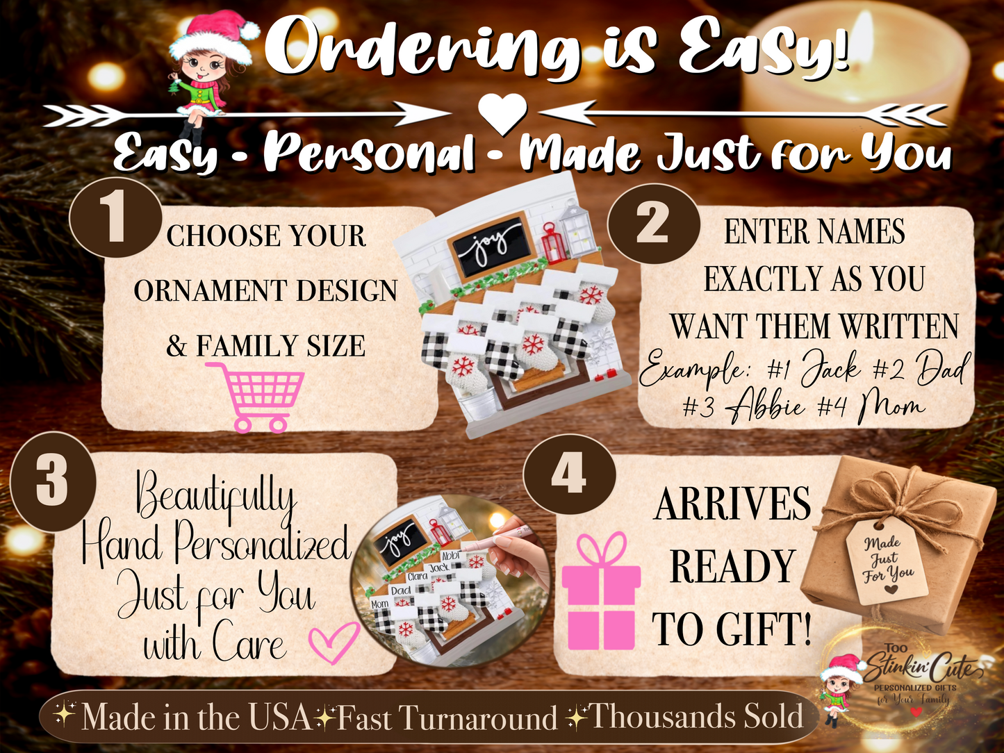 Personalized Fireplace Family Ornament | Custom Family of 10 Christmas Keepsake Gift