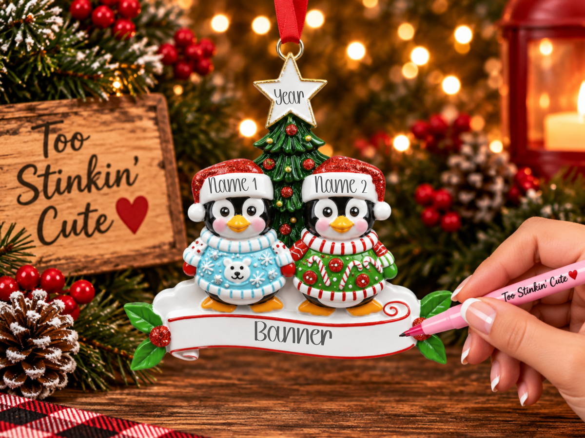 Custom couple ornament with two penguins wearing colorful Christmas sweaters.