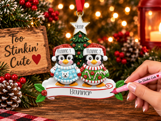 Custom couple ornament with two penguins wearing colorful Christmas sweaters.