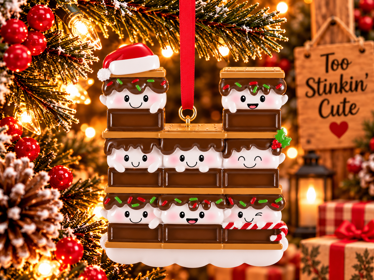 S’mores family of eight ornament hanging from a red ribbon beside a wooden Too Stinkin’ Cute sign and warm Christmas lights.