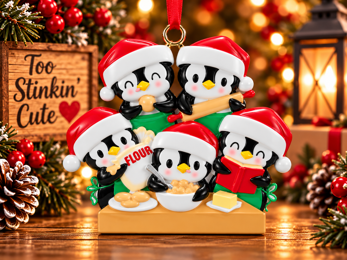 Personalized Christmas ornament featuring five penguins wearing red Santa hats and green baking aprons.