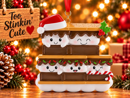 S’mores family of five Christmas ornament featuring two marshmallow characters above three smaller marshmallow characters.