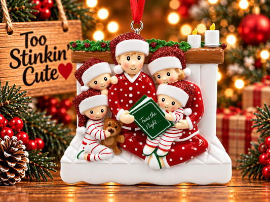 Family of five Christmas ornament featuring two parents and three children gathered around a green storybook.