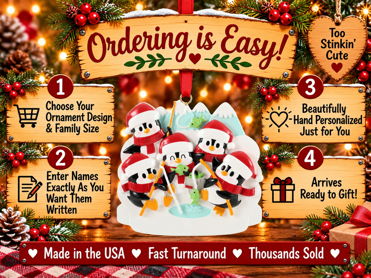Penguin family ornament with white Santa hat brims and a blank white base for handwritten personalization.