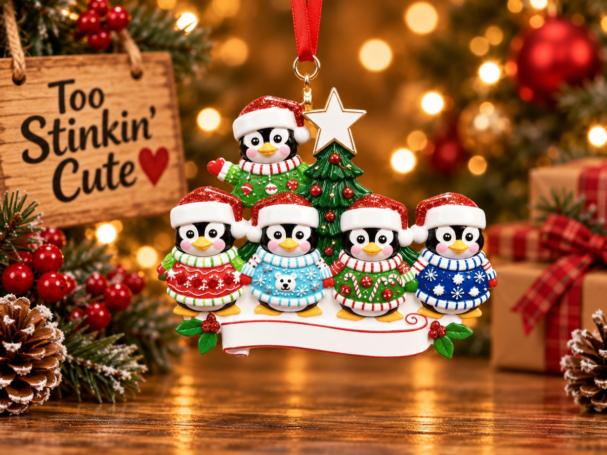 Hand-personalized penguin family ornament with five names, family banner, and year.