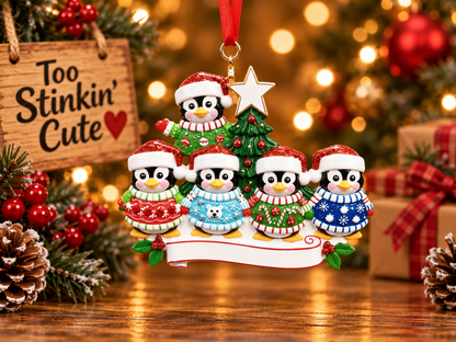 Hand-personalized penguin family ornament with five names, family banner, and year.