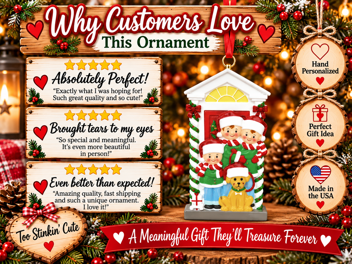 Ordering guide for a personalized family of five with dog ornament