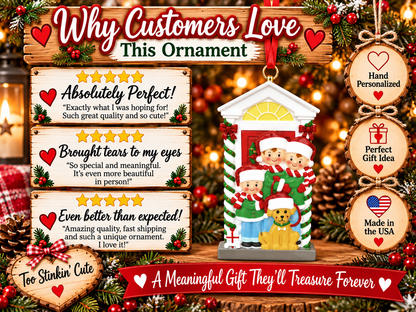 Ordering guide for a personalized family of five with dog ornament