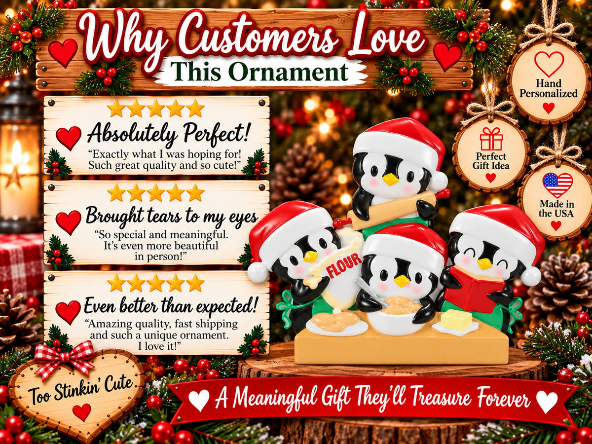 Black and white penguins with yellow beaks and pink cheeks in a Christmas baking ornament.