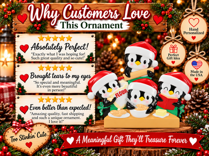 Black and white penguins with yellow beaks and pink cheeks in a Christmas baking ornament.