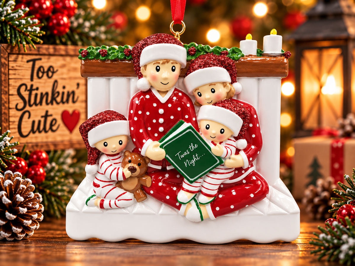 Family of four Christmas ornament featuring two parents and two children reading a green holiday storybook.