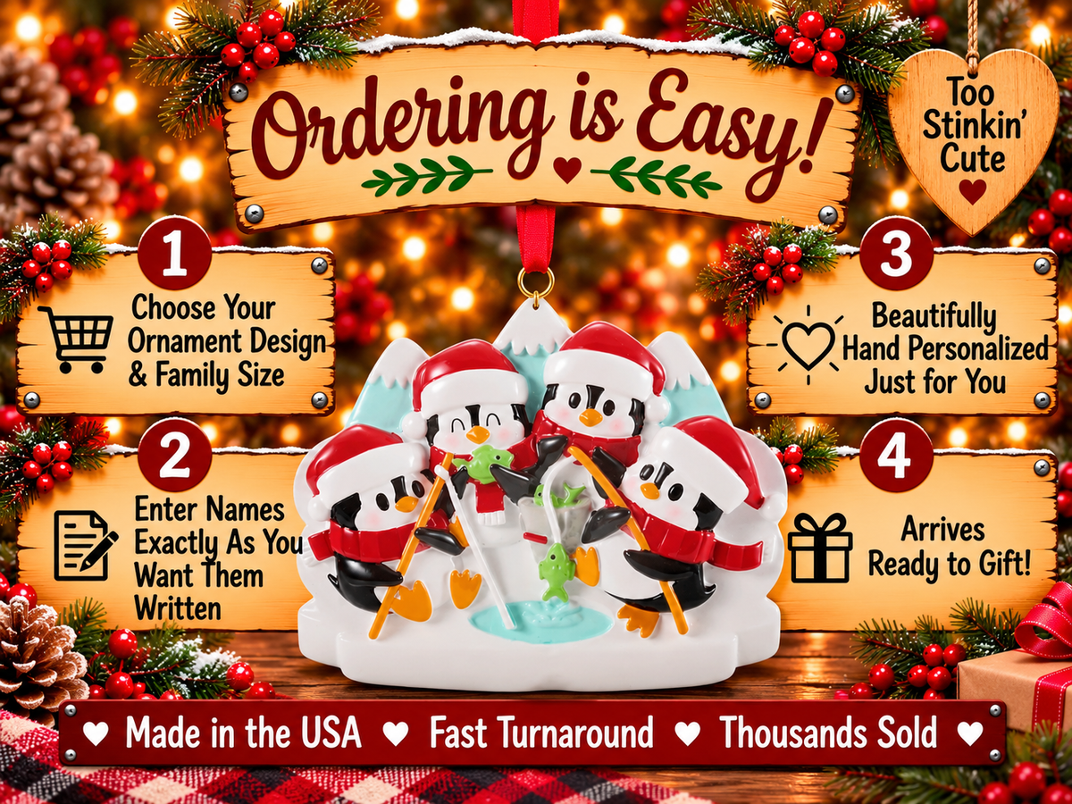 Penguin family ornament with snowcapped aqua mountains behind two upper penguins.