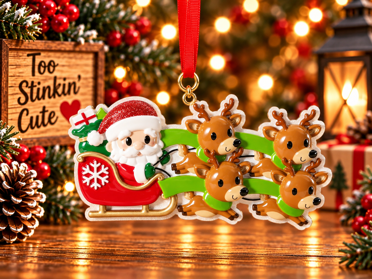 Personalized Santa Sleigh Reindeer Family of 4 Christmas Ornament – Custom Five Names, Holiday Family Keepsake