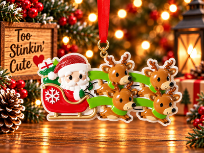 Personalized Santa Sleigh Reindeer Family of 4 Christmas Ornament – Custom Five Names, Holiday Family Keepsake