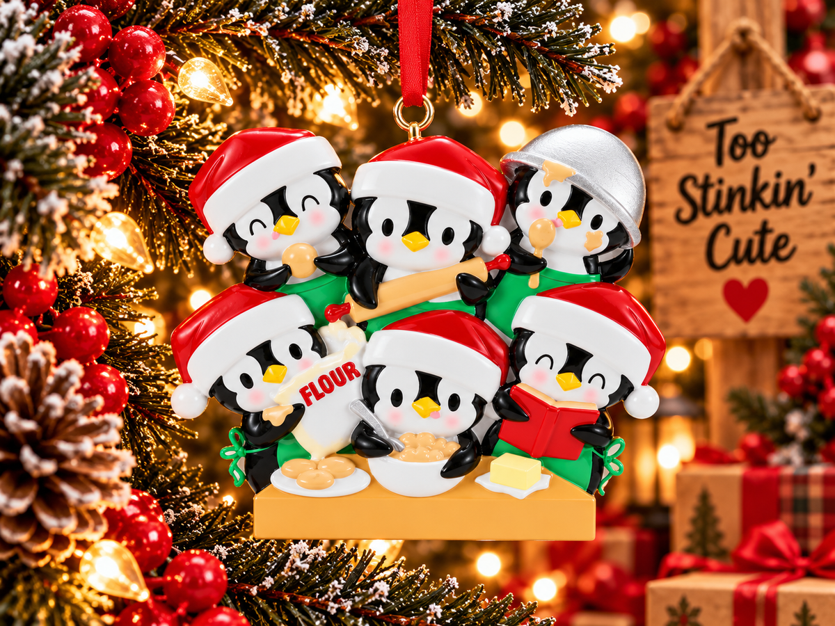 Penguin family baking ornament featuring dough, kitchen utensils, rosy cheeks, and green aprons.