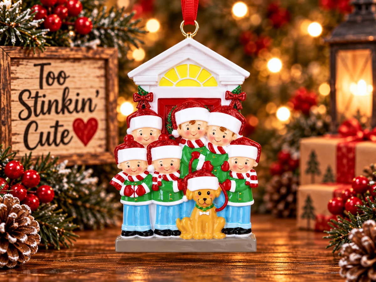 Personalized family of six with dog Christmas ornament featuring custom names