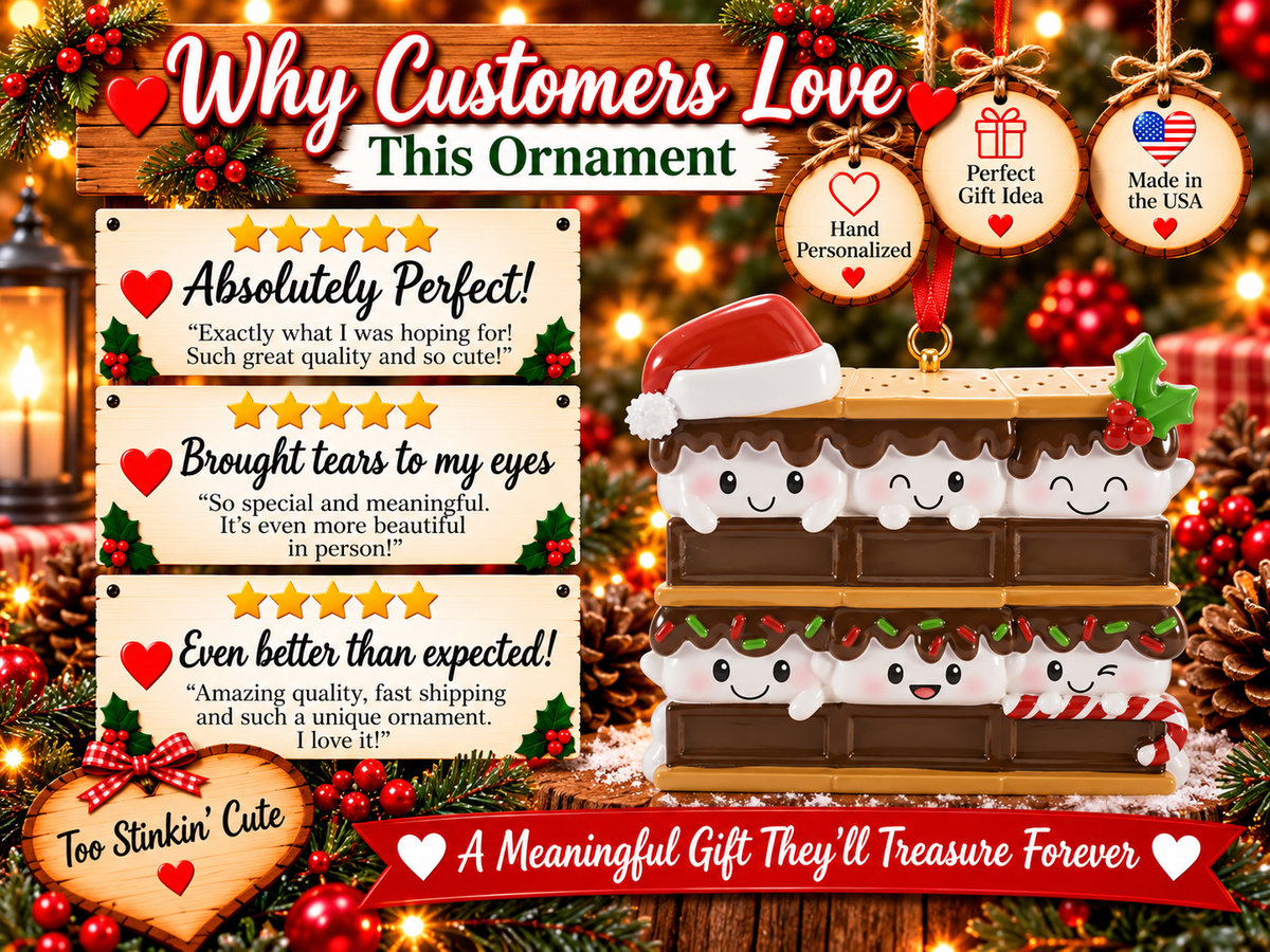 Ordering guide for a s’mores family of six ornament showing design selection, name entry, hand personalization, and gift-ready delivery.

