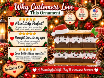 Ordering guide for a s’mores family of six ornament showing design selection, name entry, hand personalization, and gift-ready delivery.

