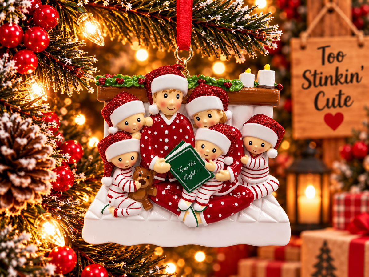 Front-left child holding a brown teddy bear beside the family during Christmas storytime.