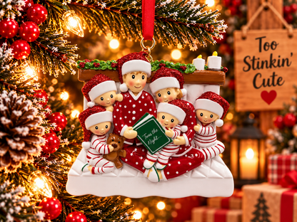 Front-left child holding a brown teddy bear beside the family during Christmas storytime.