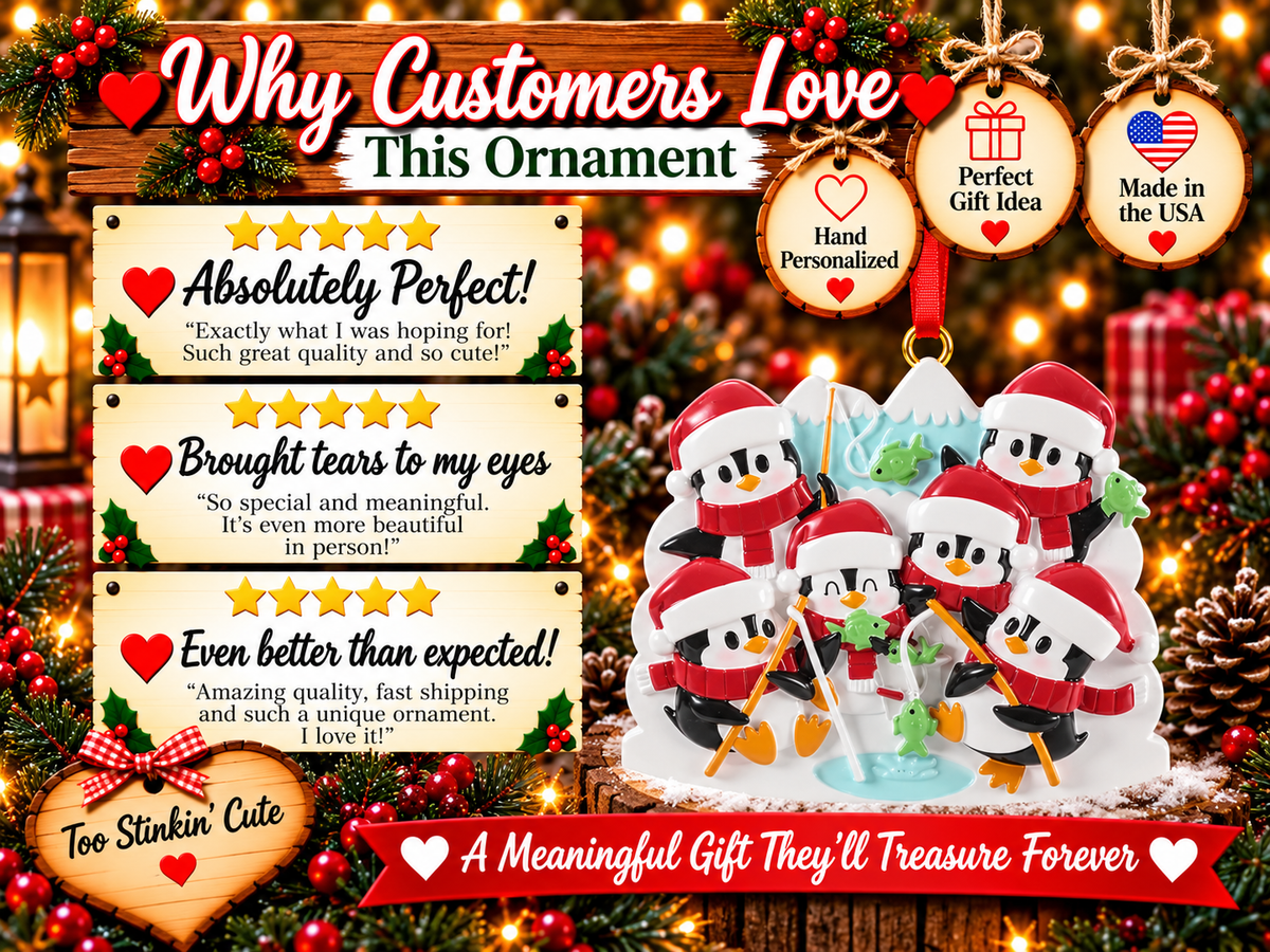 Six penguins with orange beaks and feet, rosy cheeks, and red and white Santa hats.