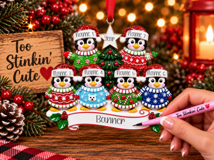 Custom family of 6 ornament with six penguins wearing colorful Christmas sweaters.