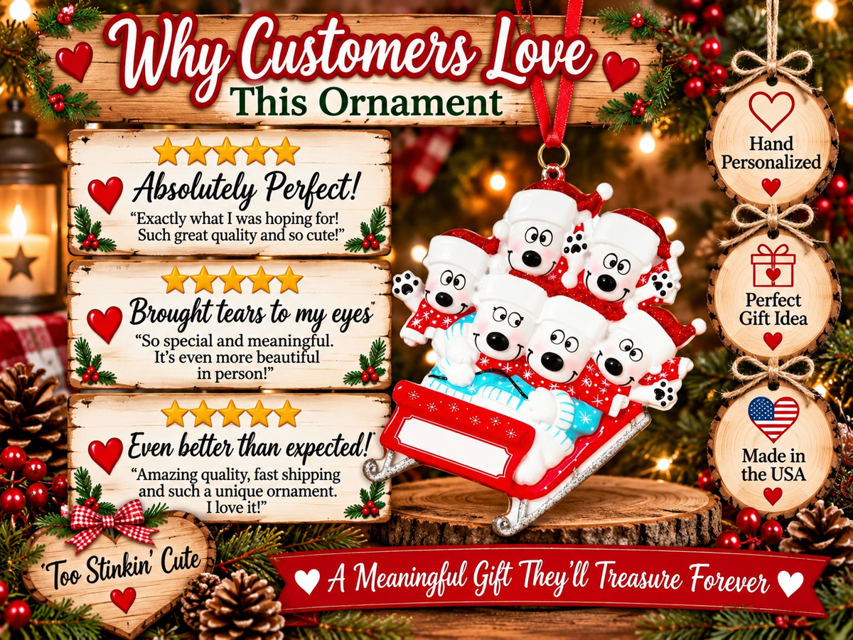 Personalized six-name Christmas ornament featuring cute polar bears in red hats and winter scarves.