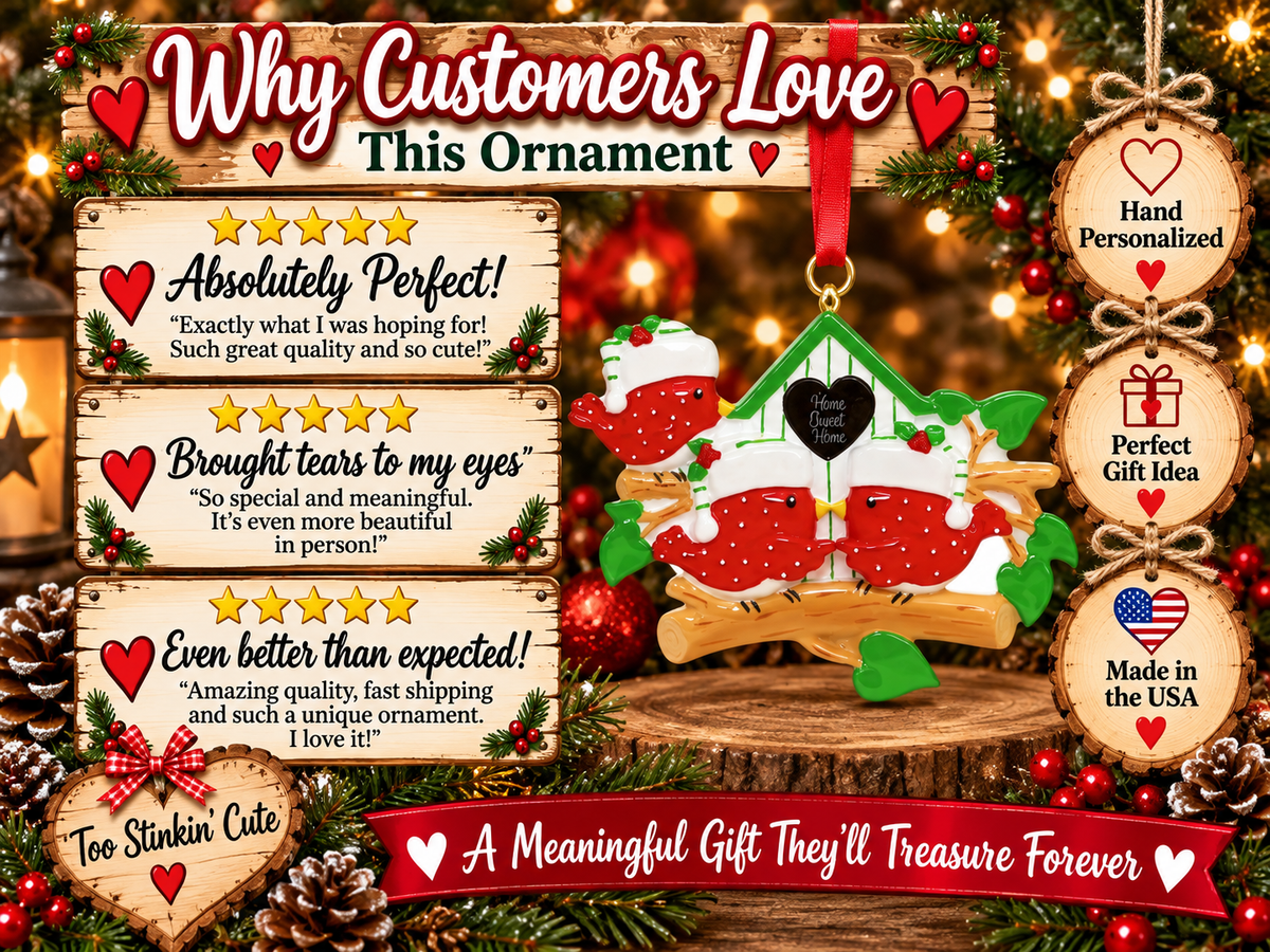 Family of three cardinal keepsake ornament with an optional year and solid-red ribbon.
