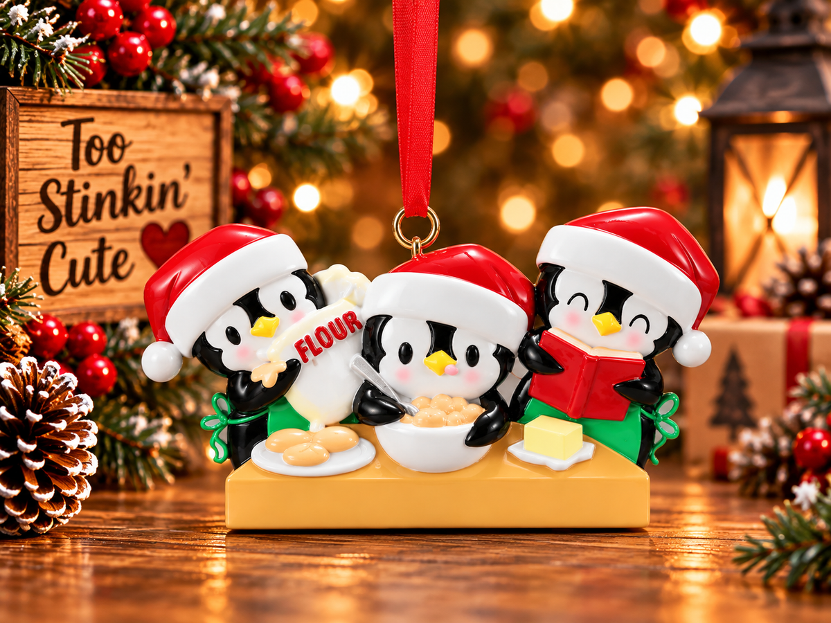 Center penguin stirring dough while the left penguin holds flour and the right penguin reads a recipe book.