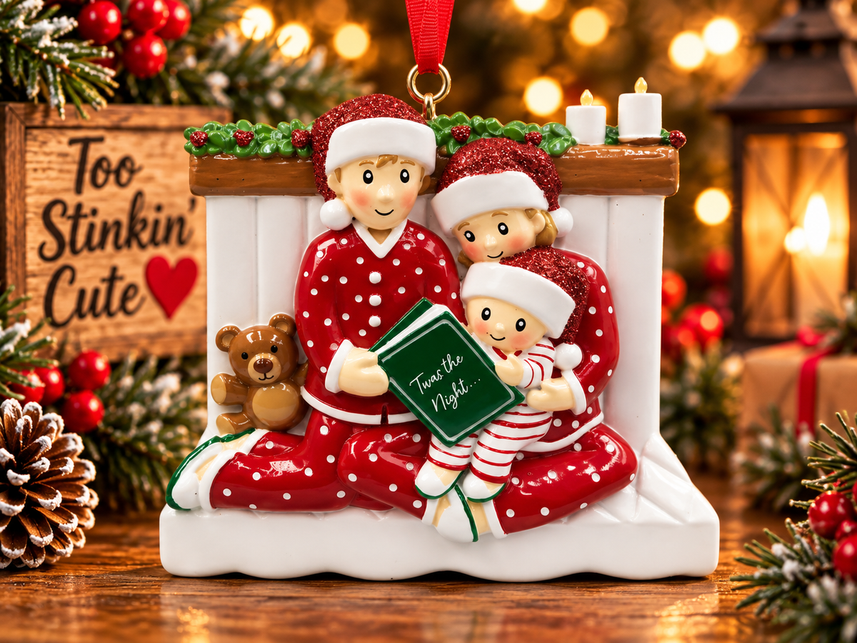 Family of three reading a green book labeled “Twas the Night…” beneath a mantel with greenery and candles.