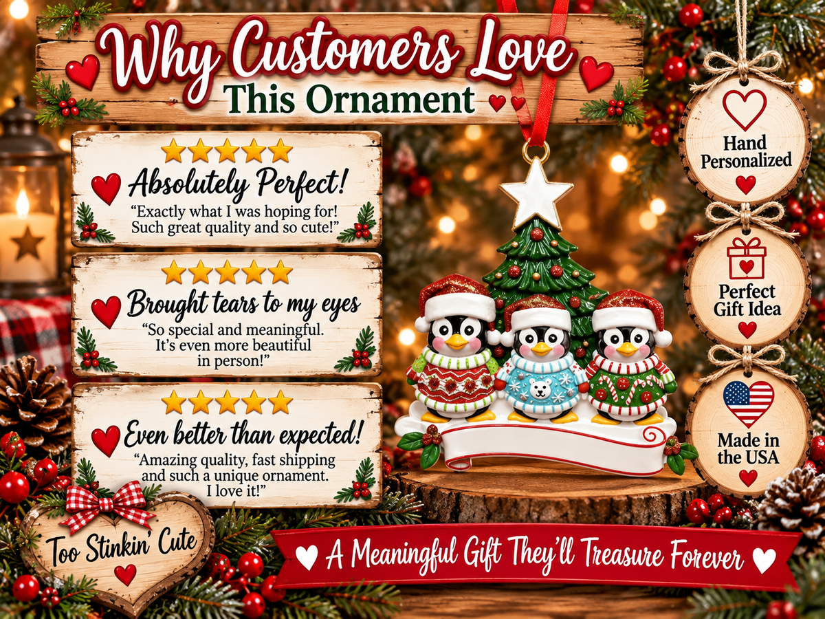 Personalized three-name Christmas ornament featuring penguins and a decorated tree.