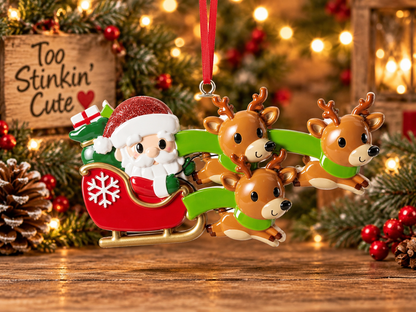 Santa wearing a glittery red hat with a green gift sack and wrapped presents behind him.