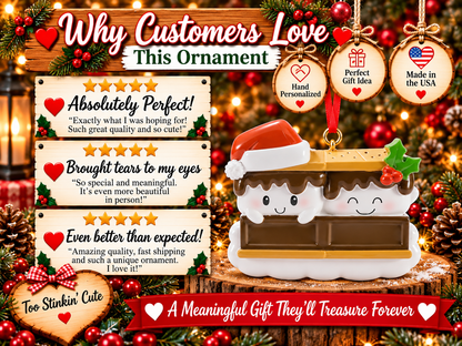 Family of two s’mores ornament with two blank chocolate name sections and a white marshmallow base.
