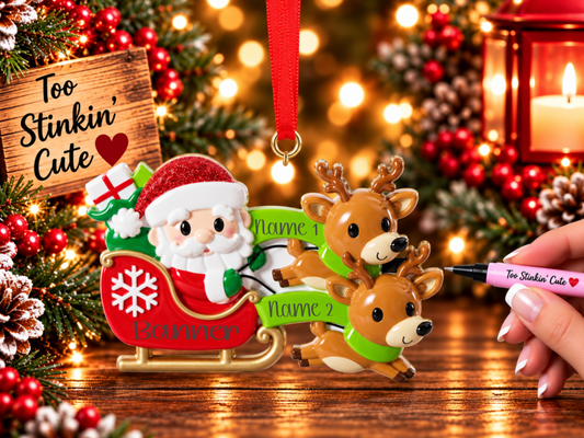 Santa in a red sleigh decorated with a white snowflake and gold trim.