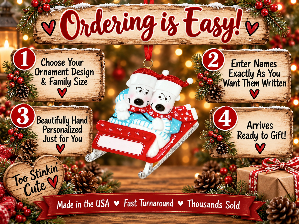 Hand-personalized polar bear ornament with two names, a special message, and the year.
