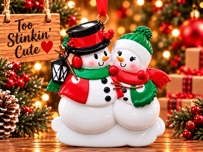 Snowman pair with orange carrot noses, pink cheeks, black buttons, and brown twig arms.