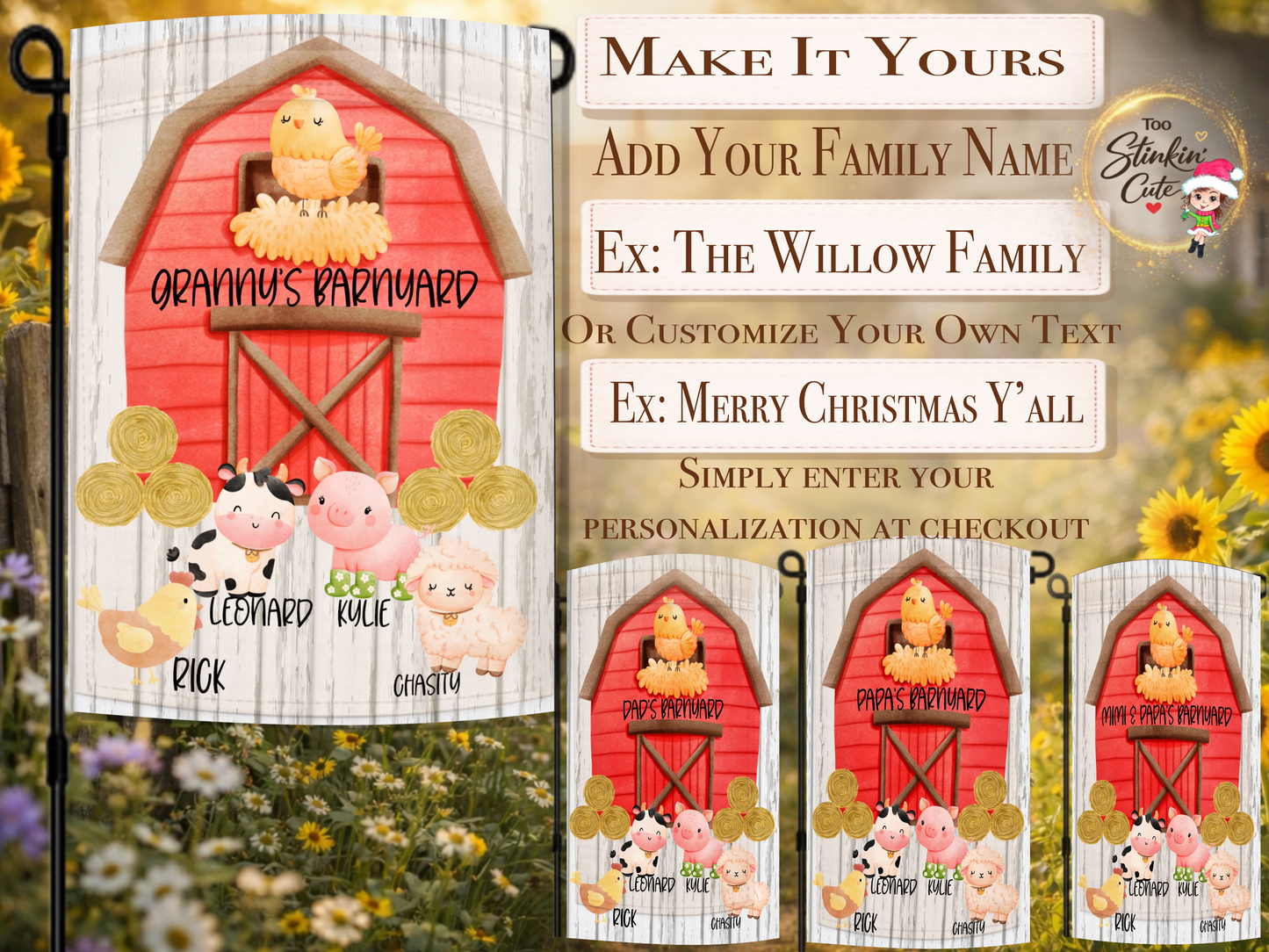 Custom farmhouse garden flag featuring red barn and cute barnyard animals