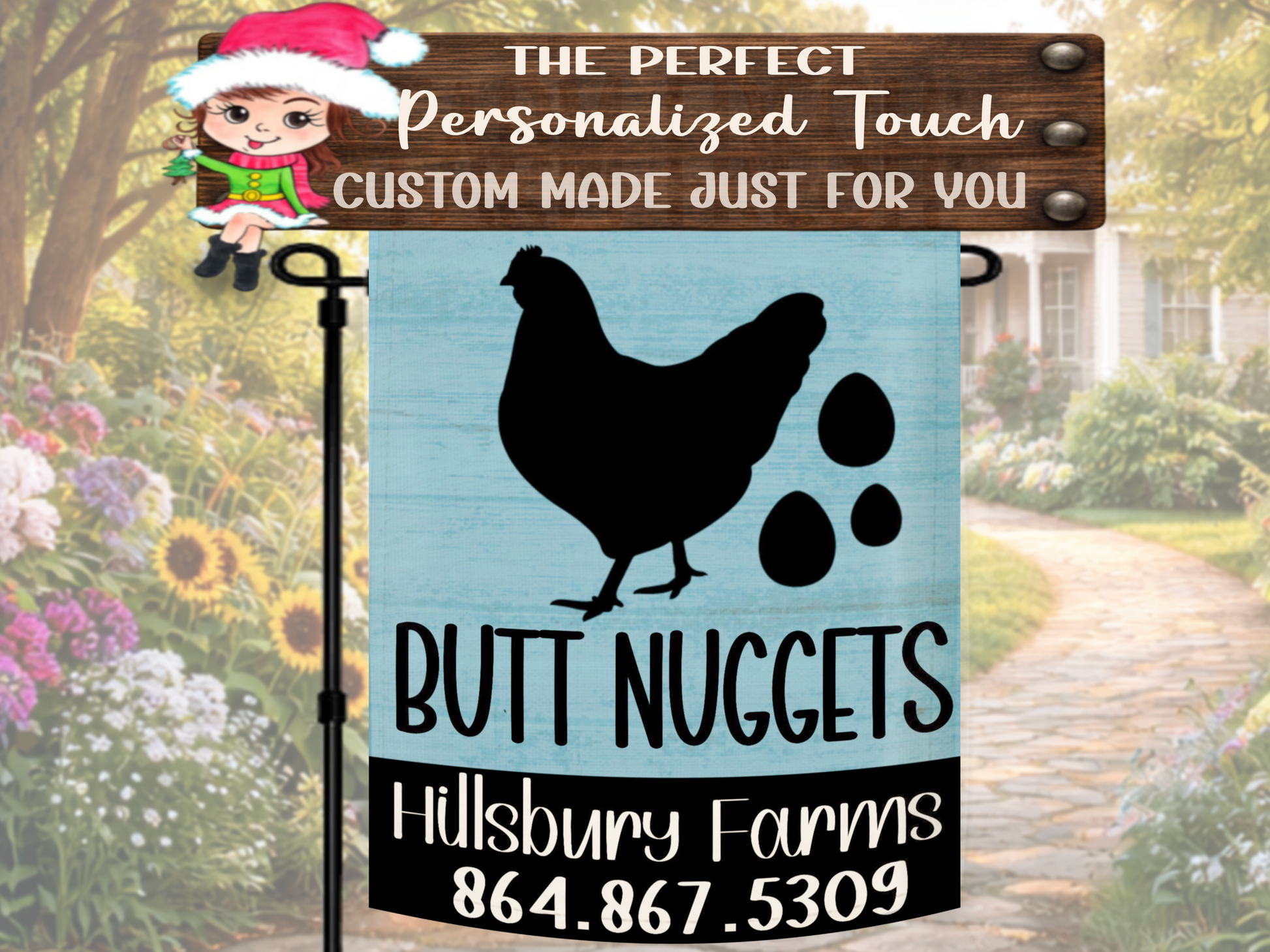 Rustic farm sign garden flag with farm fresh butt nuggets quote