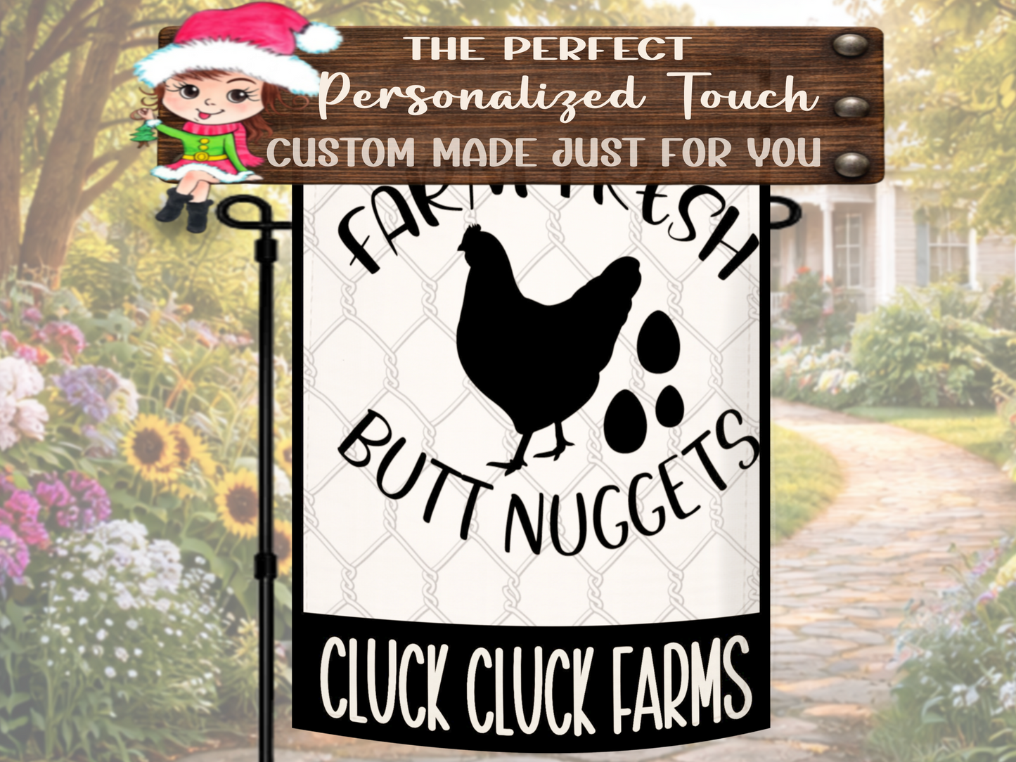 Custom chicken farm yard flag with rustic country farmhouse theme
