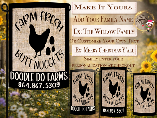 Rustic farmhouse chicken yard flag with humorous farm saying