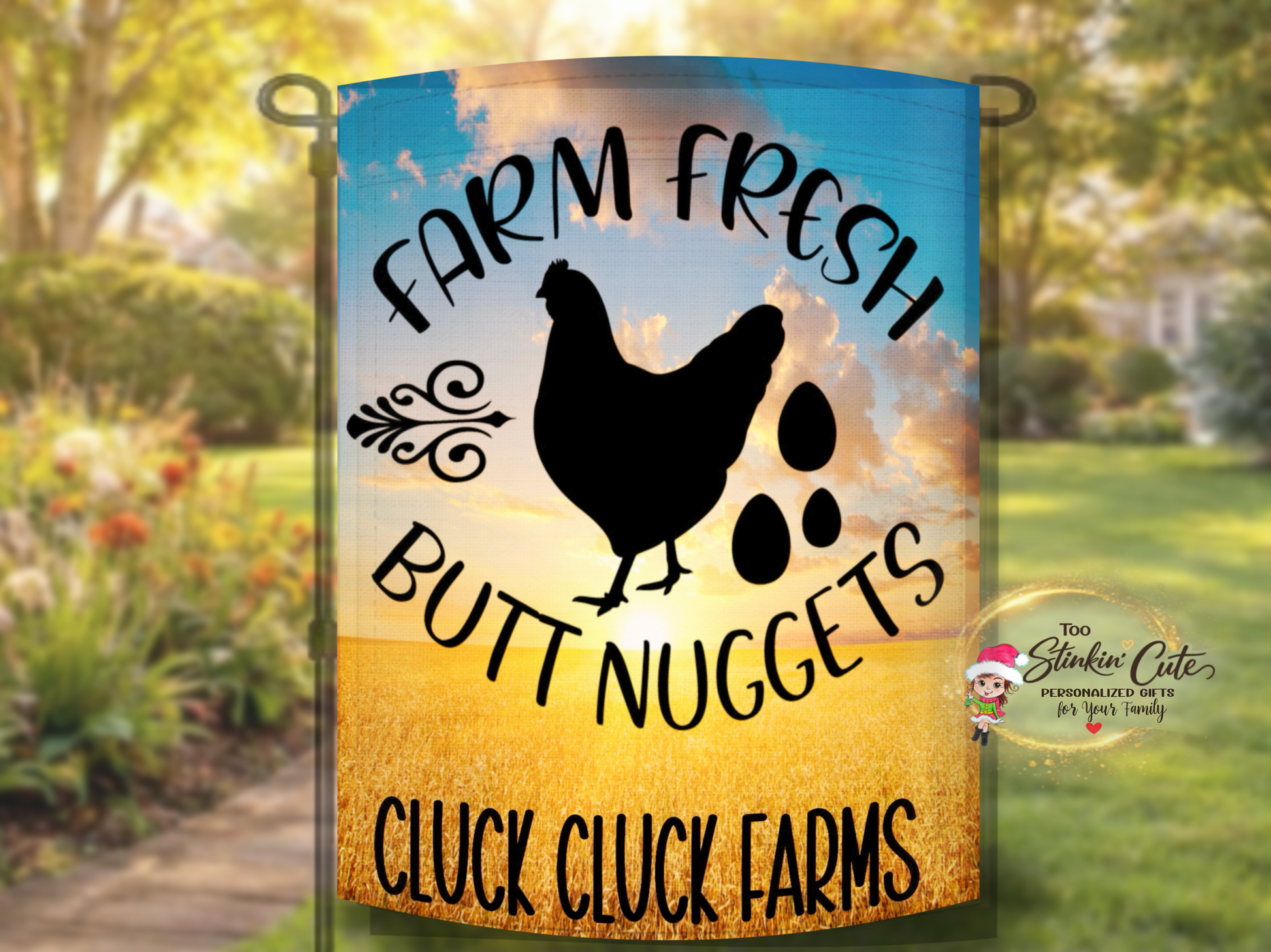 Farmhouse chicken outdoor flag with country field and black silhouette design