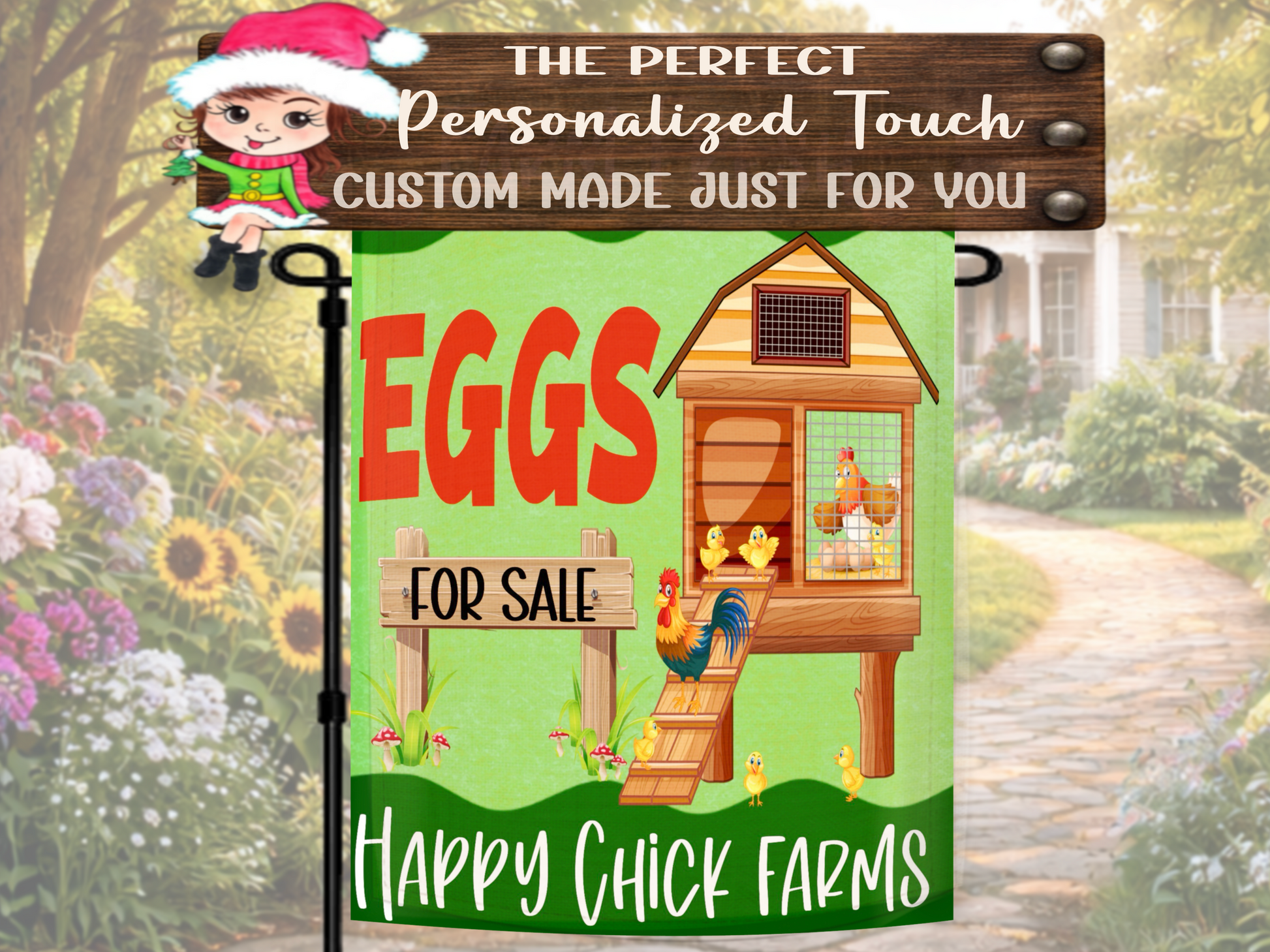 Country style garden flag advertising farm fresh eggs for sale