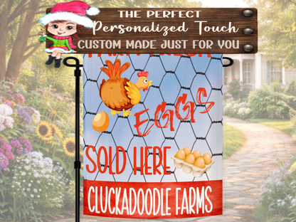 Chicken coop garden flag with country farm market theme