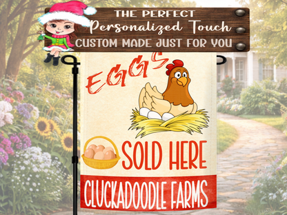 Farmhouse garden flag featuring hen nest and fresh eggs sold here sign