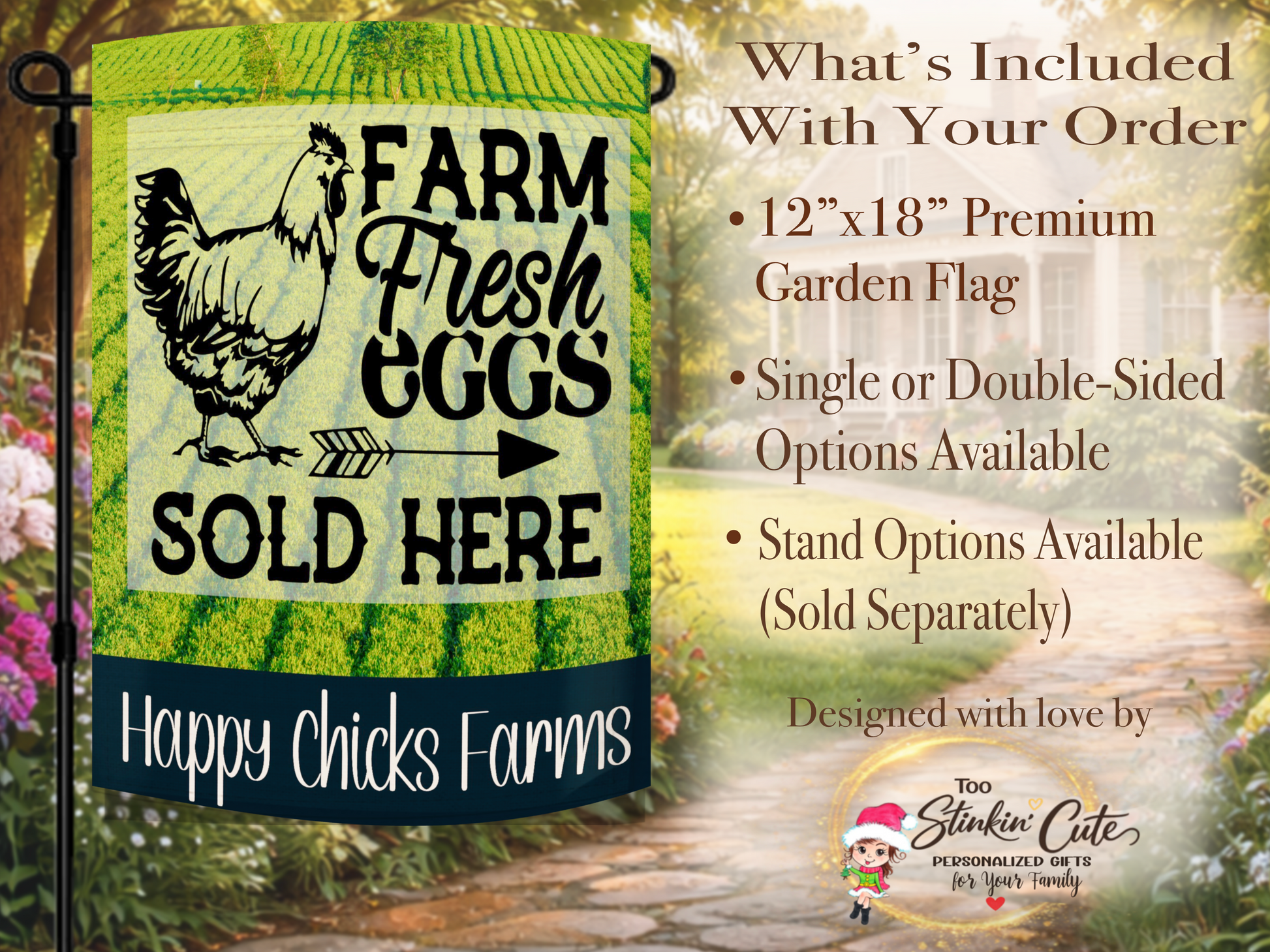 Farm fresh eggs outdoor flag featuring chicken illustration and green field background