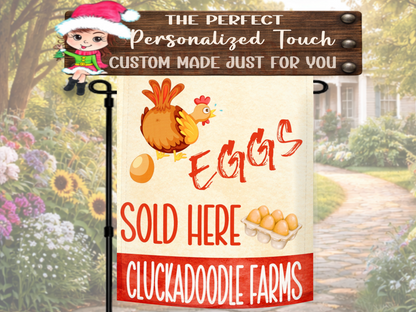 Cluckadoodle Farms fresh eggs sold here outdoor garden flag