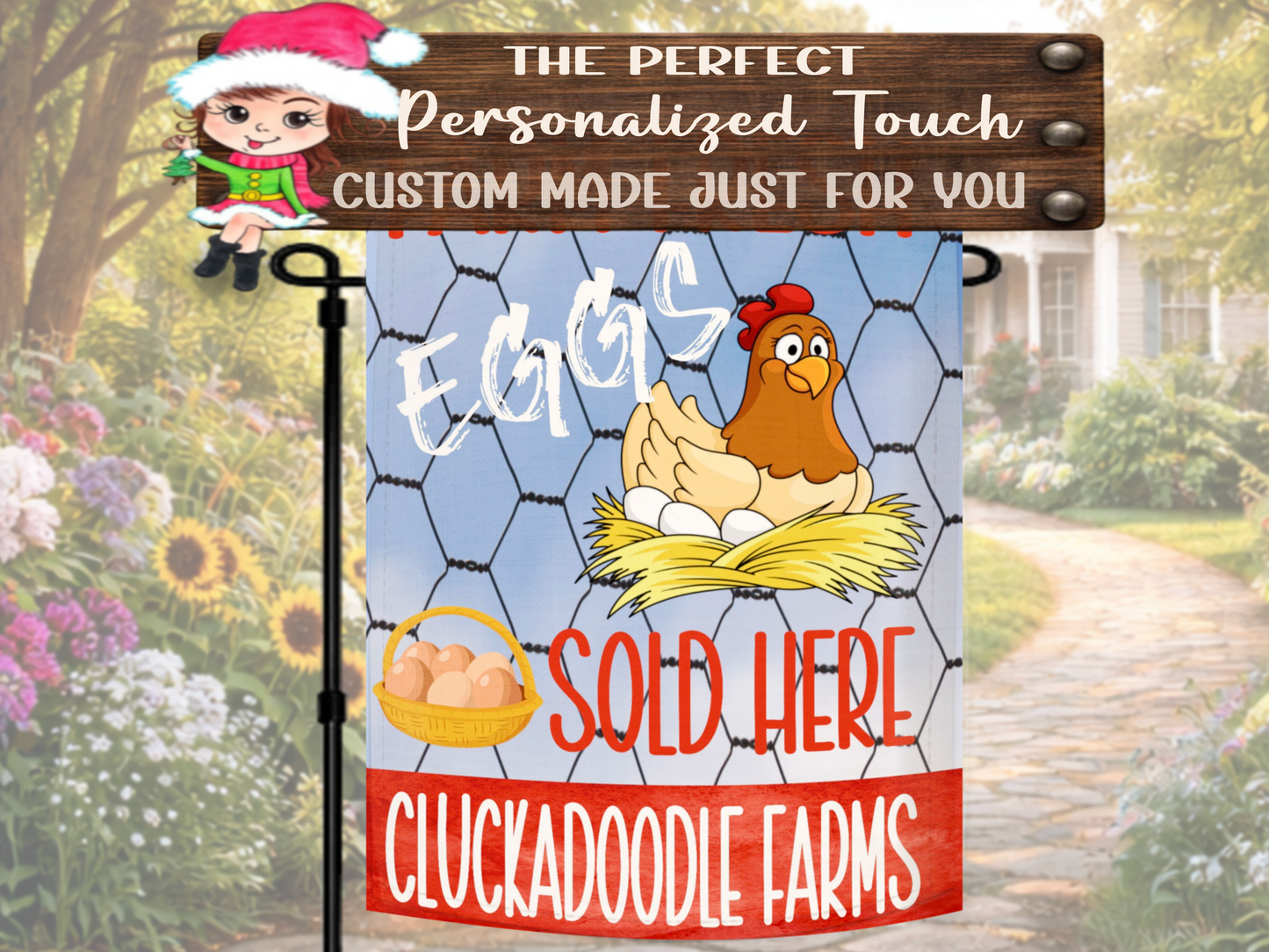 Chicken coop garden décor flag with fresh eggs sold here design