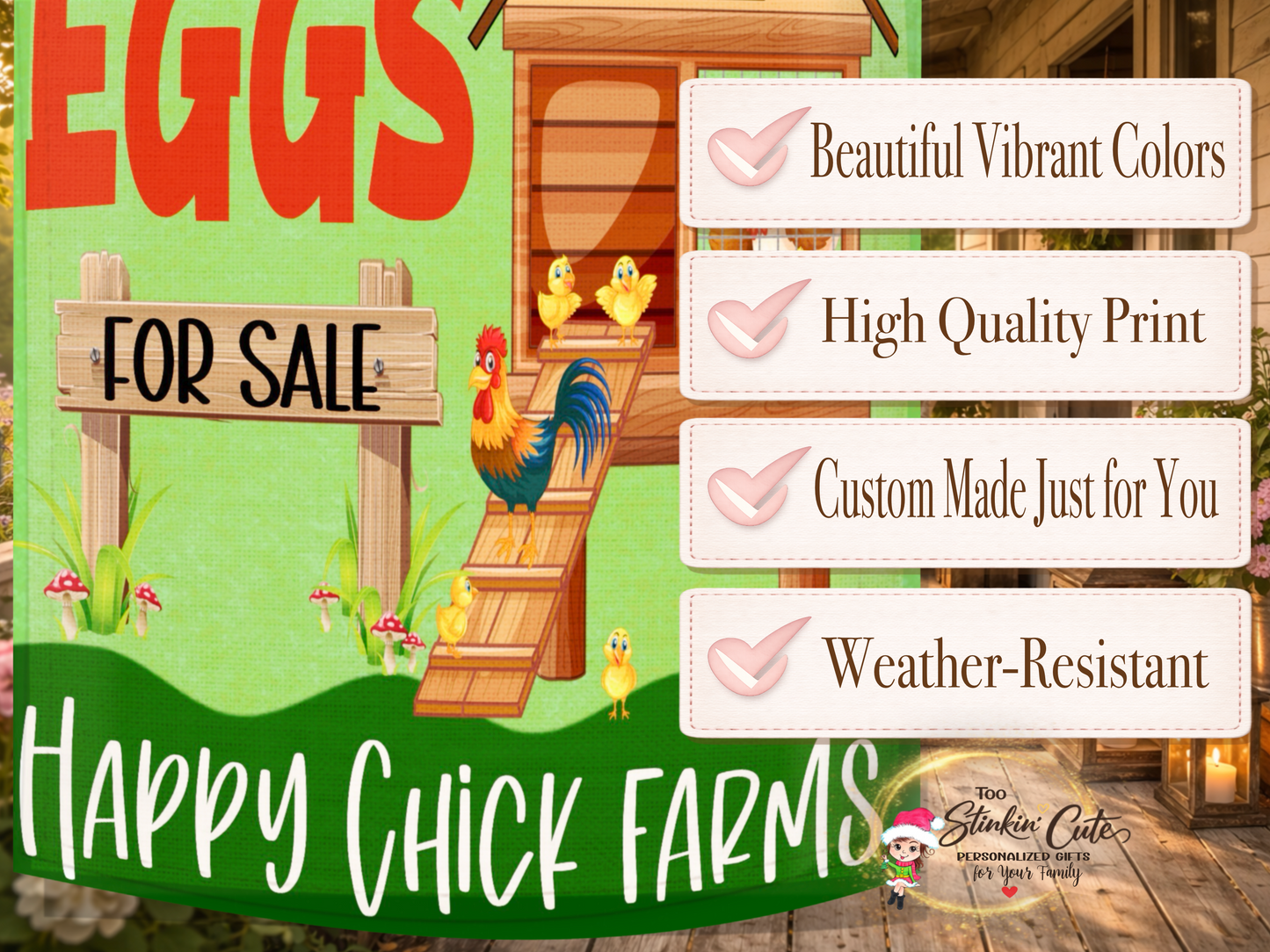 Farmhouse chicken coop décor flag for fresh eggs stand