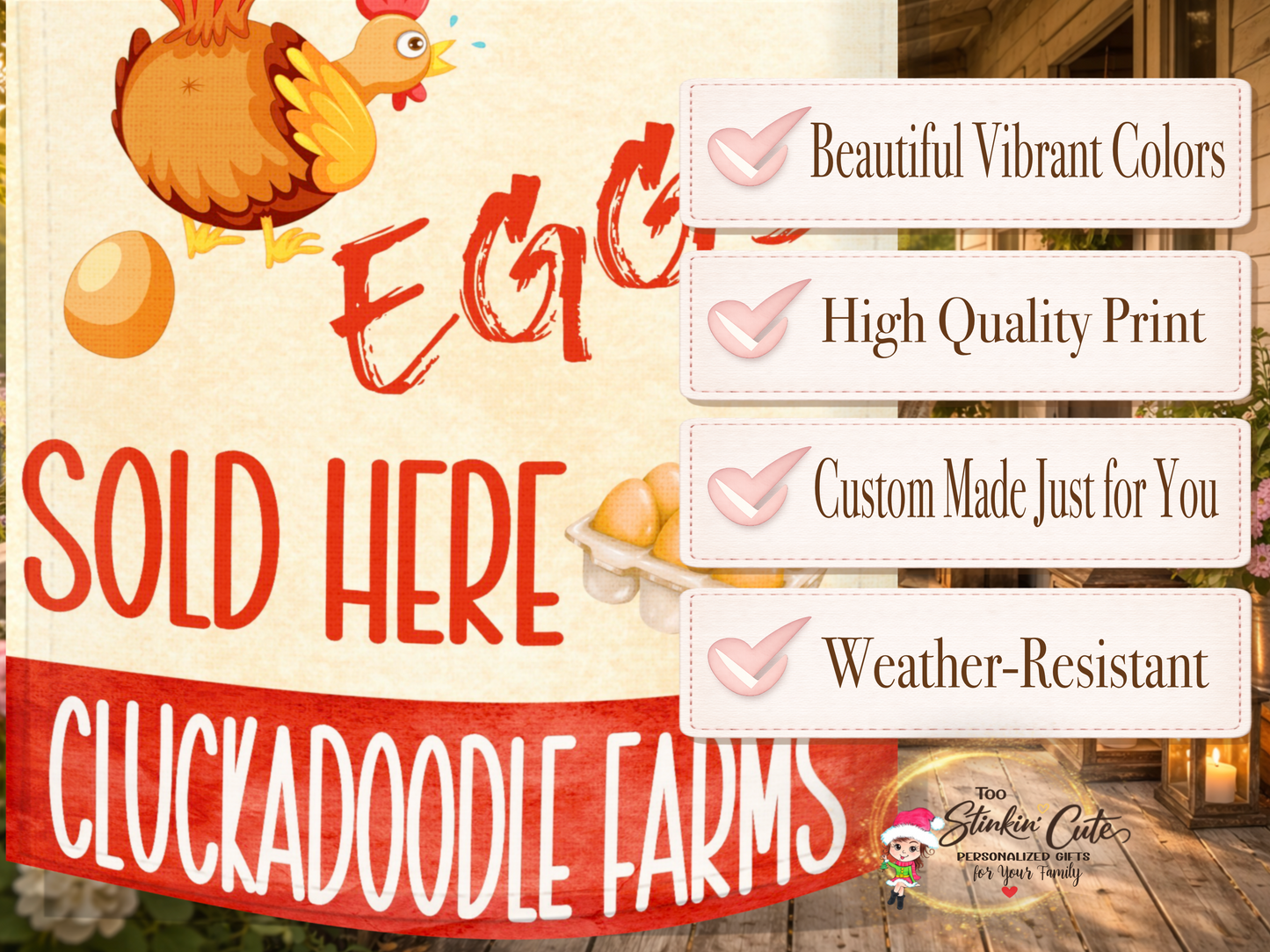 Personalized chicken farm flag with farmhouse country décor style