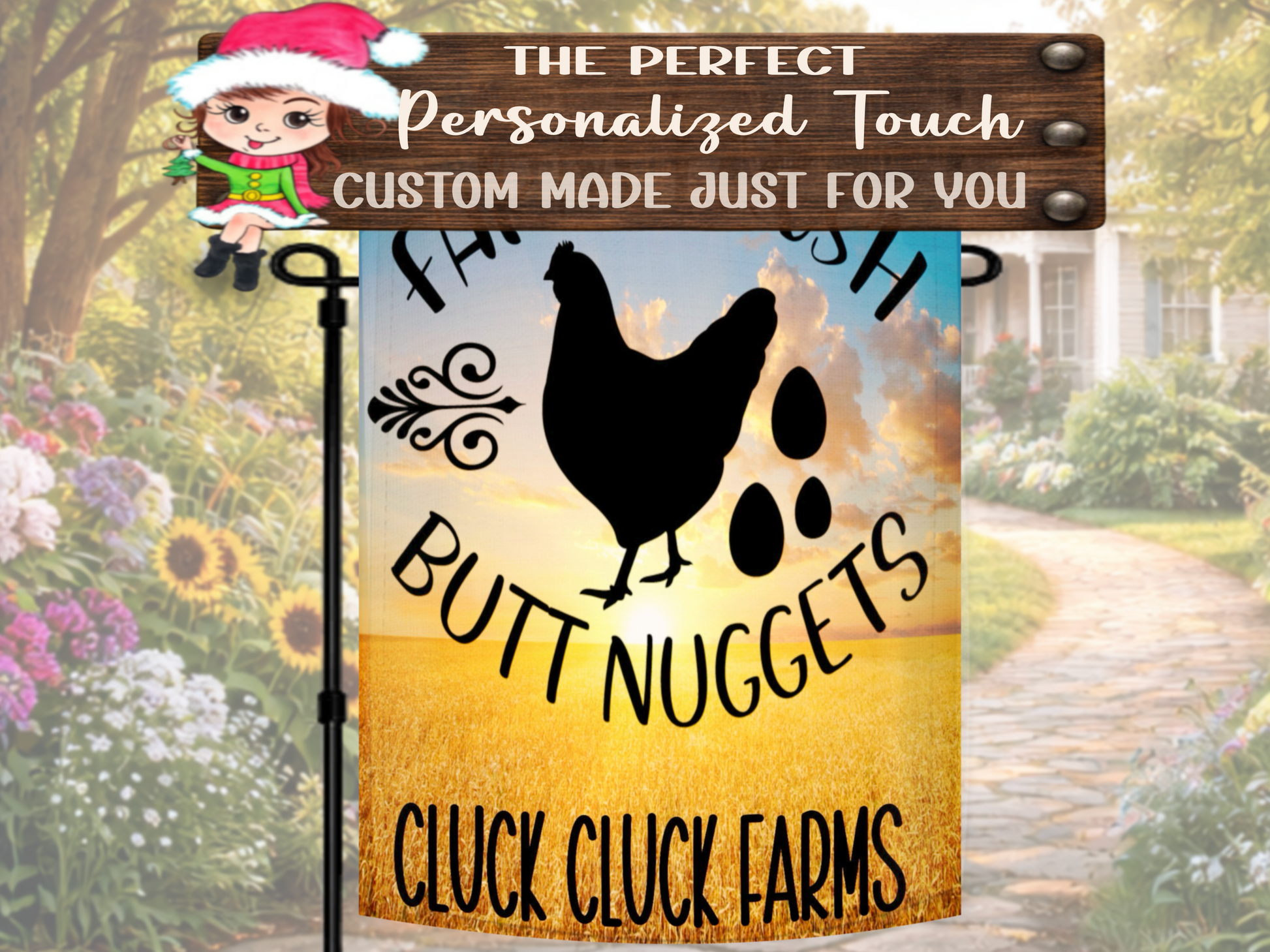 Rustic farm sign garden flag with farm fresh butt nuggets quote
